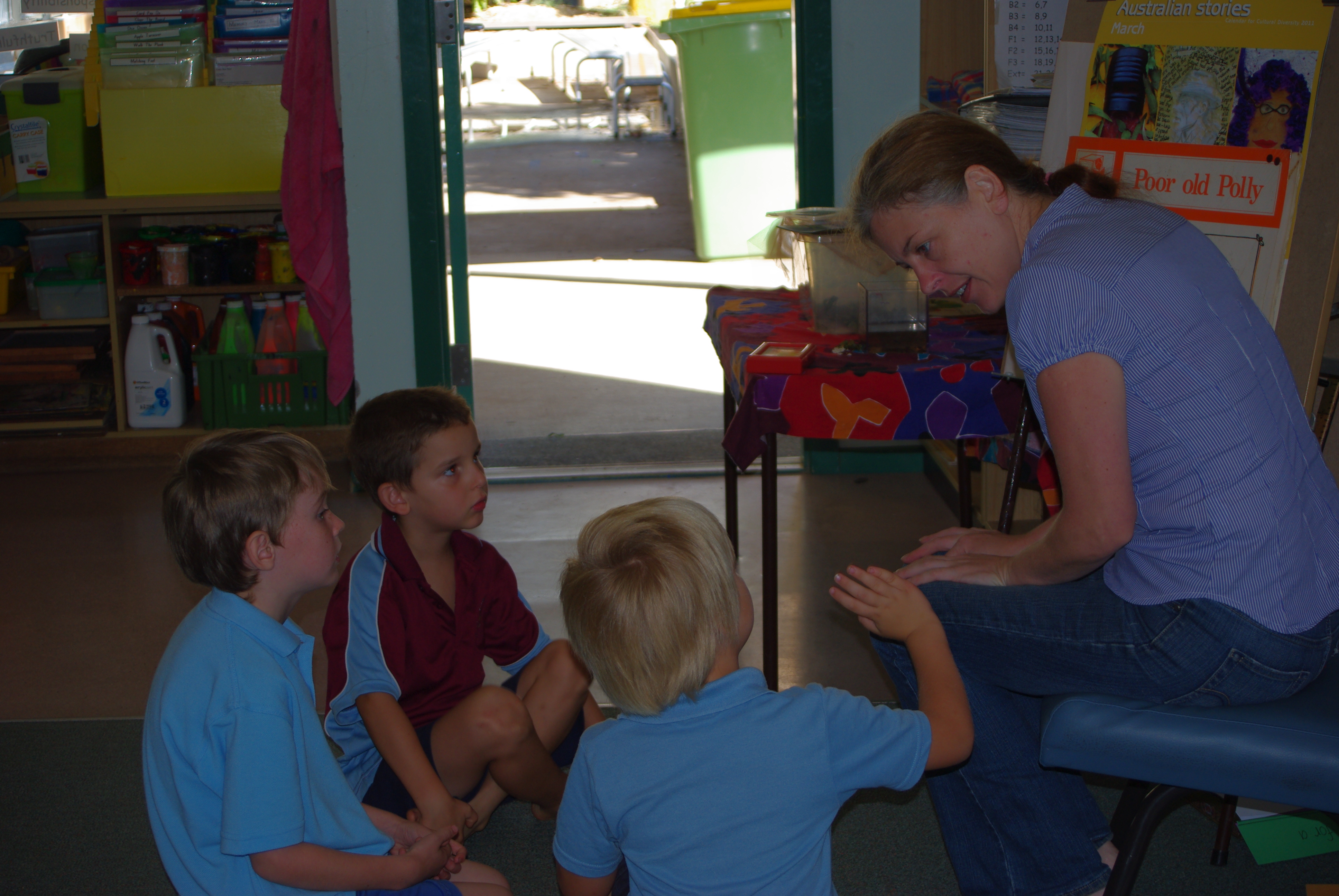 Parent reading big book to stage 1 students in groups.